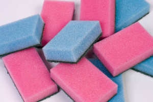 Plain blue and pink polyurethane kitchen sponges